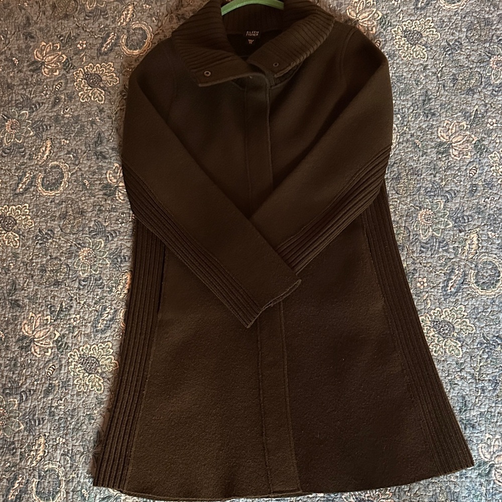 Eileen Fisher boiled wool Olive Green Coat, hidden snap front